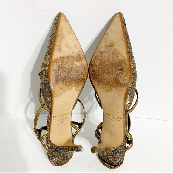 Max Studio Strappy Slingback Leather and Fabric Pointed Toe Fabric Covered Heels - Picture 9 of 12